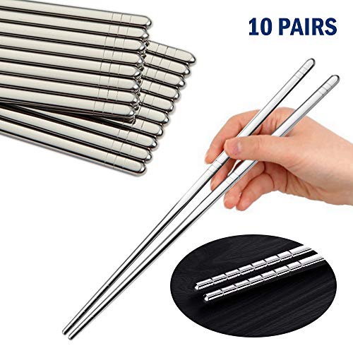 10-Pairs Stainless Steel Chopsticks, Metal Chopstick Set, Reusable, Dishwasher Safe Last for Years with Non-Slip Design