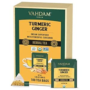 VAHDAM, ORGANIC Turmeric + Ginger Herbal Tea (100 Tea Bags) | Powerful Superfood | Wellness &amp; Healing Properties of Turmeric &amp; Ginger |100% Natural | No Caffeine, Helps in Digestion