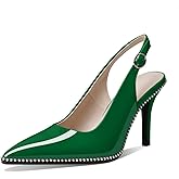 Zamikoo Women Beaded Pumps High Heel Slingback Pointed Toe Slip On 3.5 Inch Stilettos Ankle Strap Adjustable Buckle Patent Leather US Size 5 -Size 13