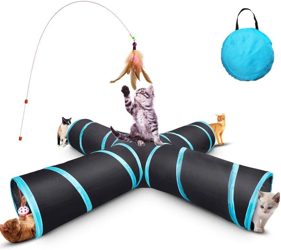 Happy Fox | Cat Tunnel Toy,4 Way Tunnels132 * 53 * 26,Including storage bags and cat toy feather wands, for cats, rabbits, small animals