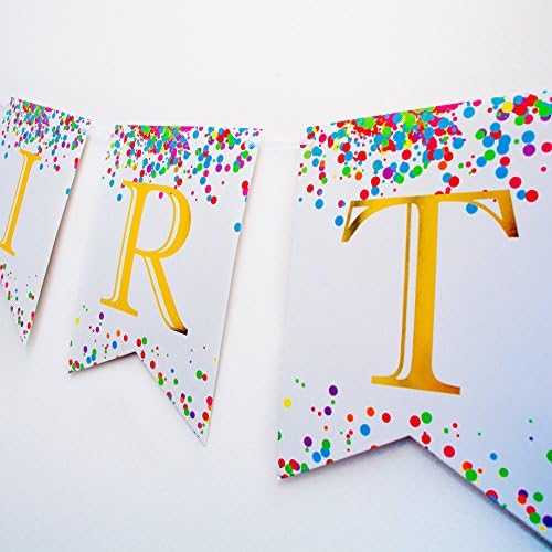 Keira Prince Happy Birthday Banner, Multicolored Sprinkles & Gold Foil Letters (White and Rainbow)
