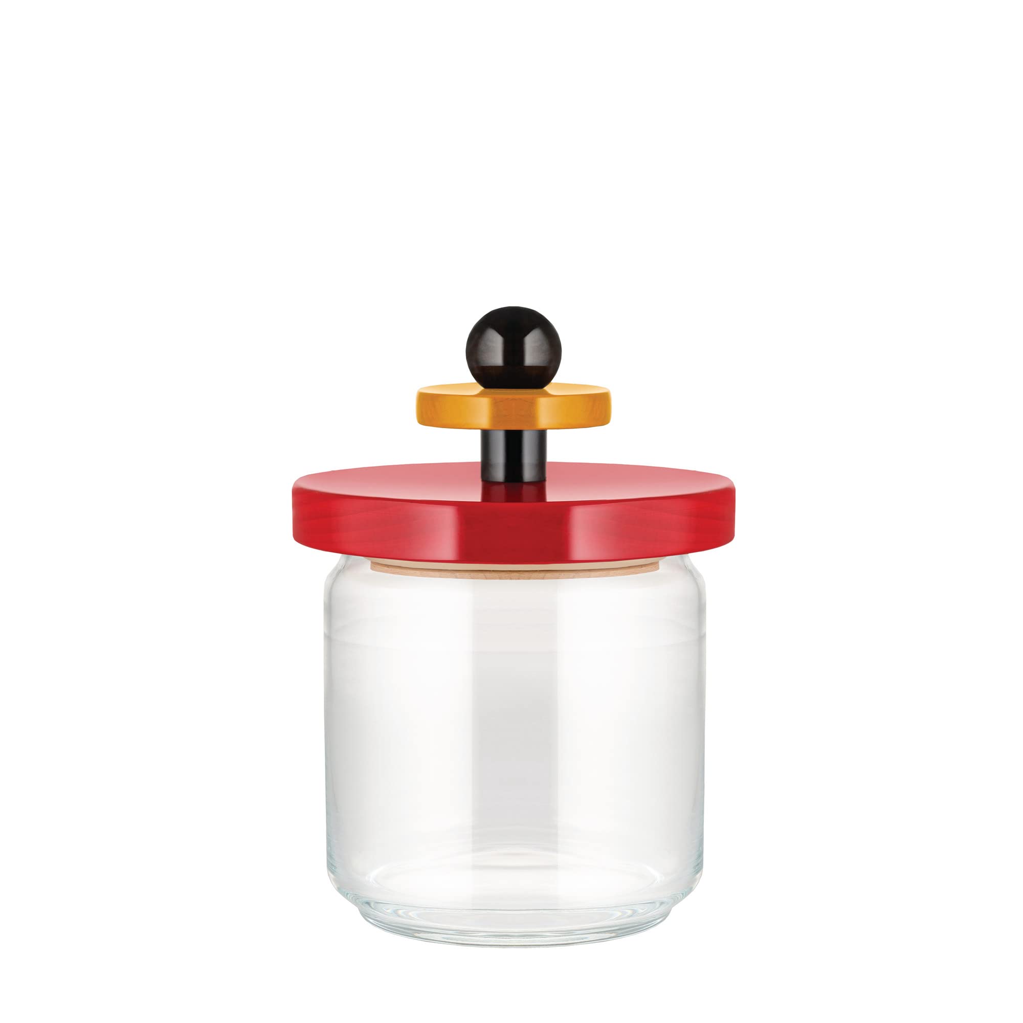 Alessi Mr. Sottsass I Suppose ES16 / 75 - Design Hermetic Glass Jar with Beech Wood Lid, Red, Black and Yellow