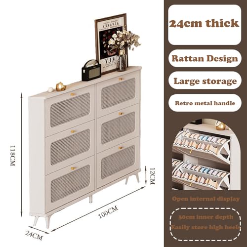 New retro rattan shoecabinet, freestanding 6-drawer entrance shoe cabinet, large capacity narrow shoe cabinet rattan design, office living room cabinet (WHITE)