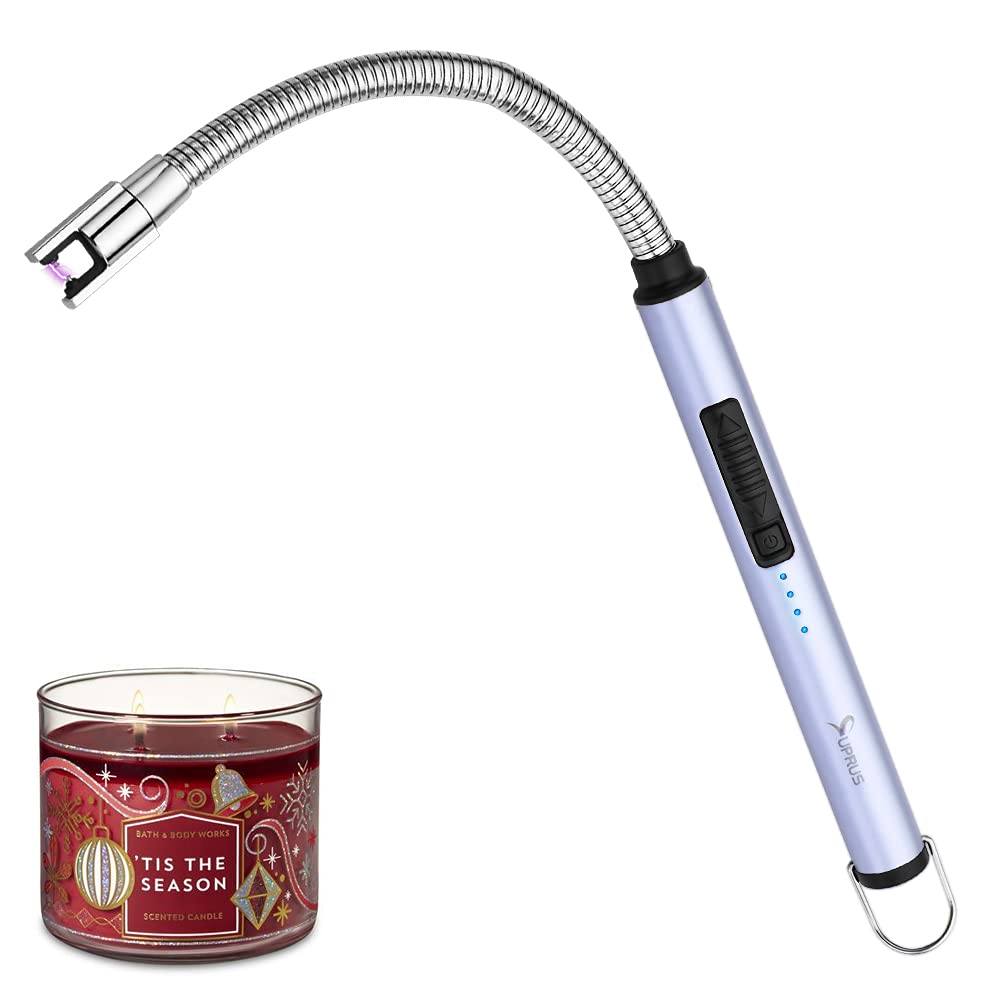 SUPRUS Candle Rechargeable Electric Arc Lighter Stainless Steel Housing & Hanging Hook with 360° Flexible Neck (Blue)