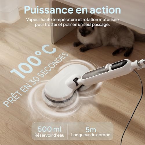 Livatro Steam Mop for Hard Floors with Motorized Rotating Head | 1300 W, steam ready in 30 s, 500 ml removable tank, 15 accessories and 5 m cable