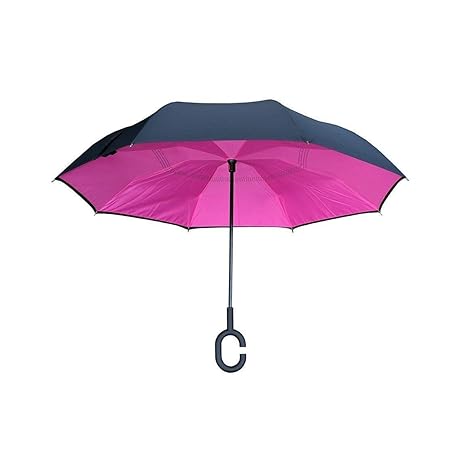 Windproof Reverse Folding Double Layer Inverted Umbrella with C Shape Handle, Self Standing, Inside Out, Hand Free(Dark Pink)