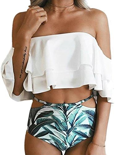 Pestok Women's Printed Bikini Set Swimsuits High Waist Swimwear Two Piece Ruffled Off-shoulder Bathing Suits (Large, White)