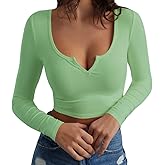 Artfish Women's Long Sleeve Scoop Neck V Notch Ribbed Slim Fitted Casual Basic Crop Top