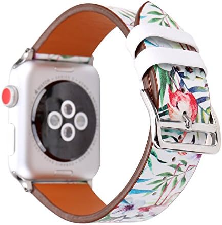 Flamingo Pattern Printed Leather Wrist Band Watch Link Bracelet Compatible with Apple Watch Smartwatch Series 3, Series 2, Series 1, Sport, Edition (Flamingo+Leaf-38mm)