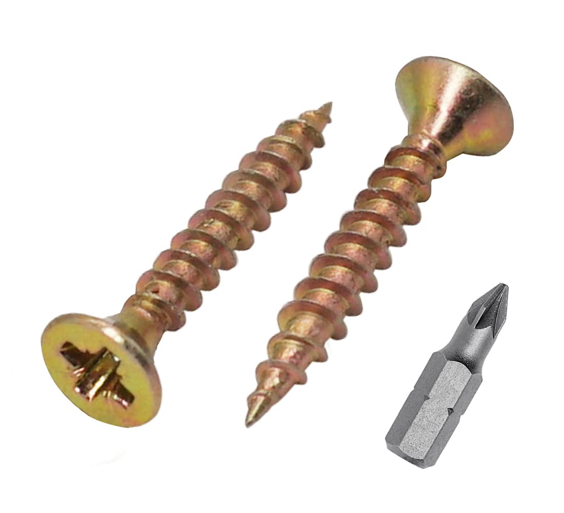 (Pack of 100 pcs) Yellow Zinc Plated Steel 3.5 x 20 mm Wood Screws, Chipboard Screws, Universal Pozi-Drive Screw, Countersunk Head (100, 3.5 x 20 mm)