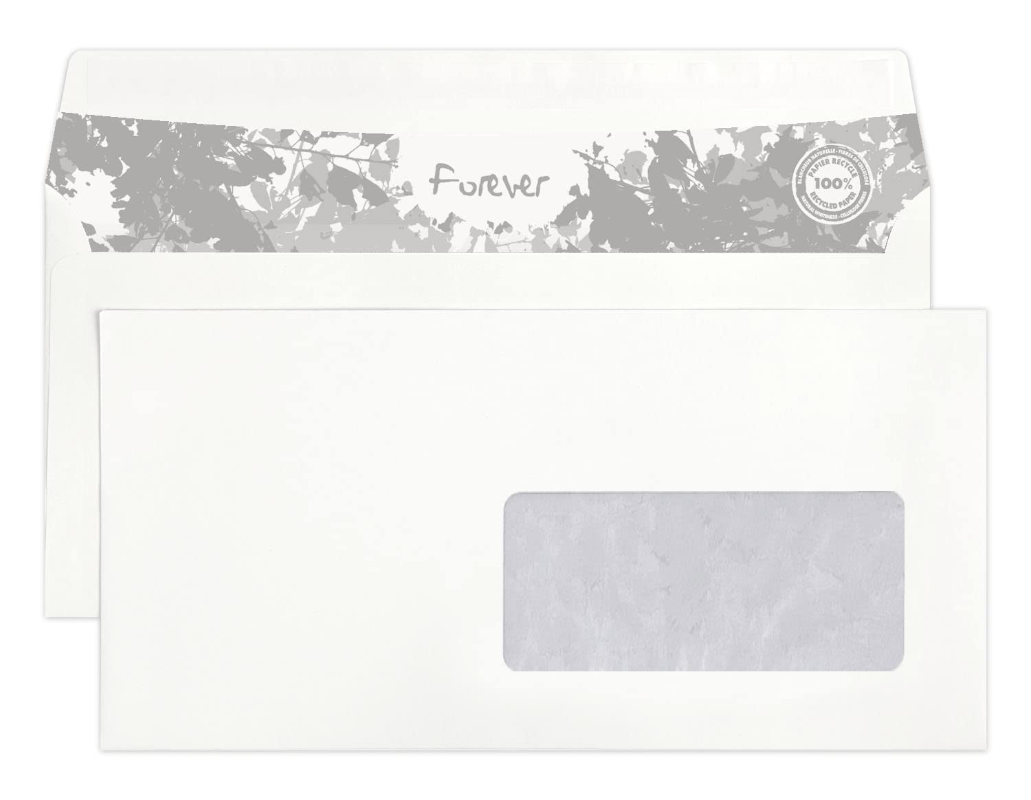 Clairefontaine 610925C - Box of 500 Forever White envelopes 100% recycled DL-110x220mm - Self-adhesive - 80g/m² - Window Crystal Paper 45x100 (position 20/20)