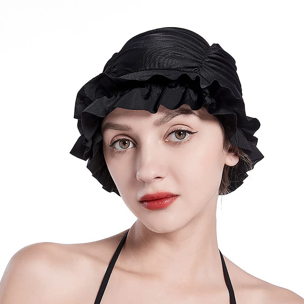 IBLUELOVER Women Pleated Swimming Cap Long Hair Swim Cap Vintage Floral Turban Bath Cap Mob Hat Ear Protection Elastic Shower Cap Soft Chemo Sleep Hat For Long Short Hair Weaves Curls Afros