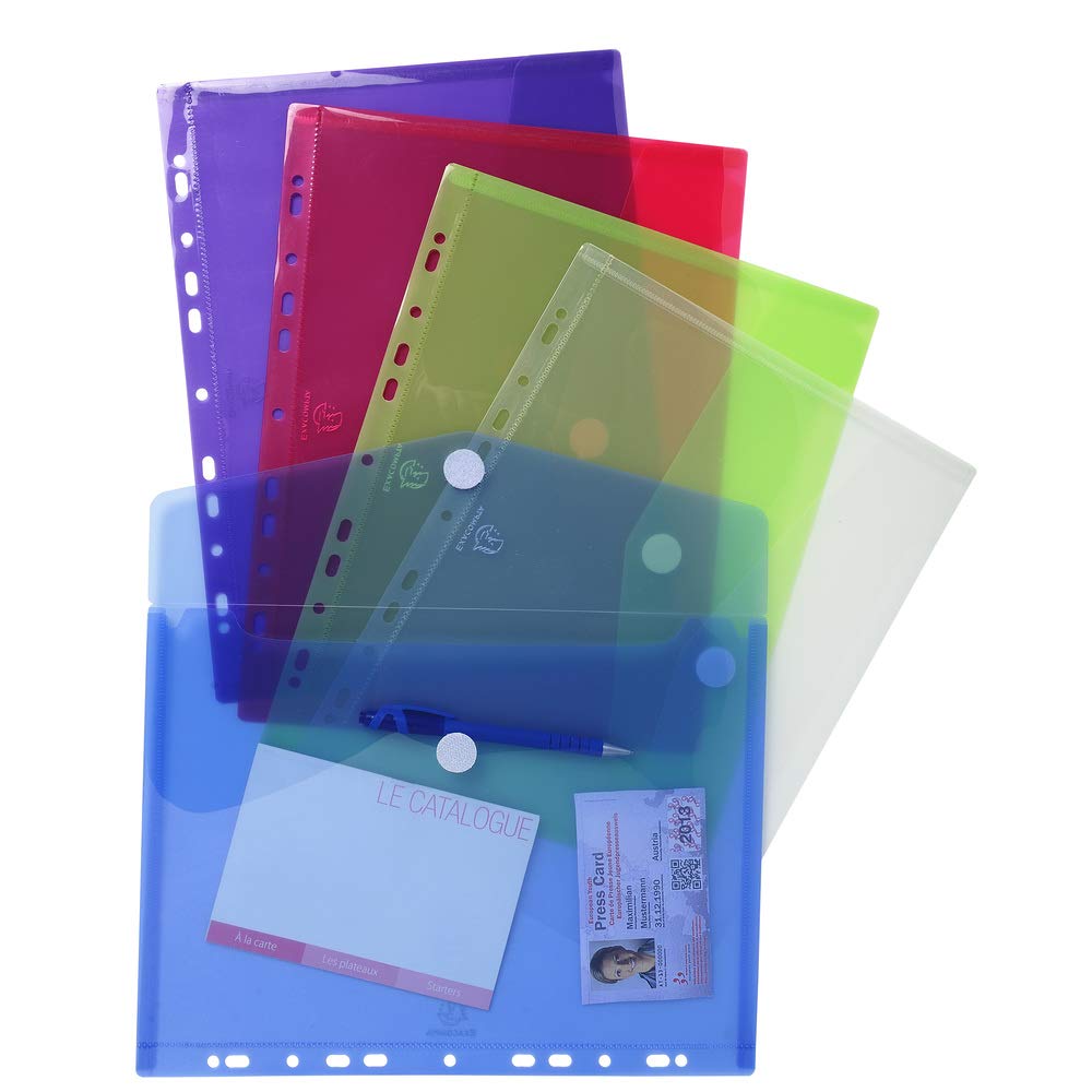 Exacompta - Ref 57380E - PP Envelope Punched Pocket - Suitable for A4 Documents, Hook & Loop Closure, 0.2mm Translucent Polypropylene - Assorted Colours (Pack of 5)