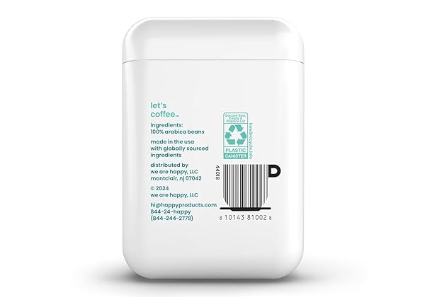 HAPPY COFFEE LIGHT ROAST GROUND COFFEE, 12 OZ., NOTES OF CASHEW & ELATION, RECYCLABLE CONTAINER, GROWN & HARVESTED IN COLOMBIA, BRAZIL & GUATEMALA