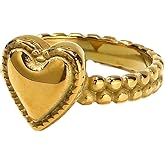 Vintage Thick Heart Statement Ring for Women 18k Gold-Tone Plated Dainty Engagement Promise Love Minimalist Stacking Pinky Finger Band Rings Cocktail Party Fashion Wedding Valentine Jewelry for Her