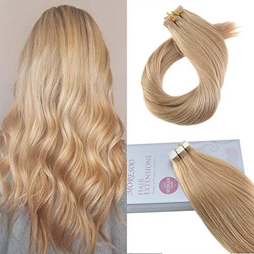 Moresoo 22 Inch Brazilian Remy Tape in Hair Extensions Caramel Blonde Color #27 Unprocessed Soft and Sliky Remy Human Hair 20pcs/50g Glue in Hair Extensions