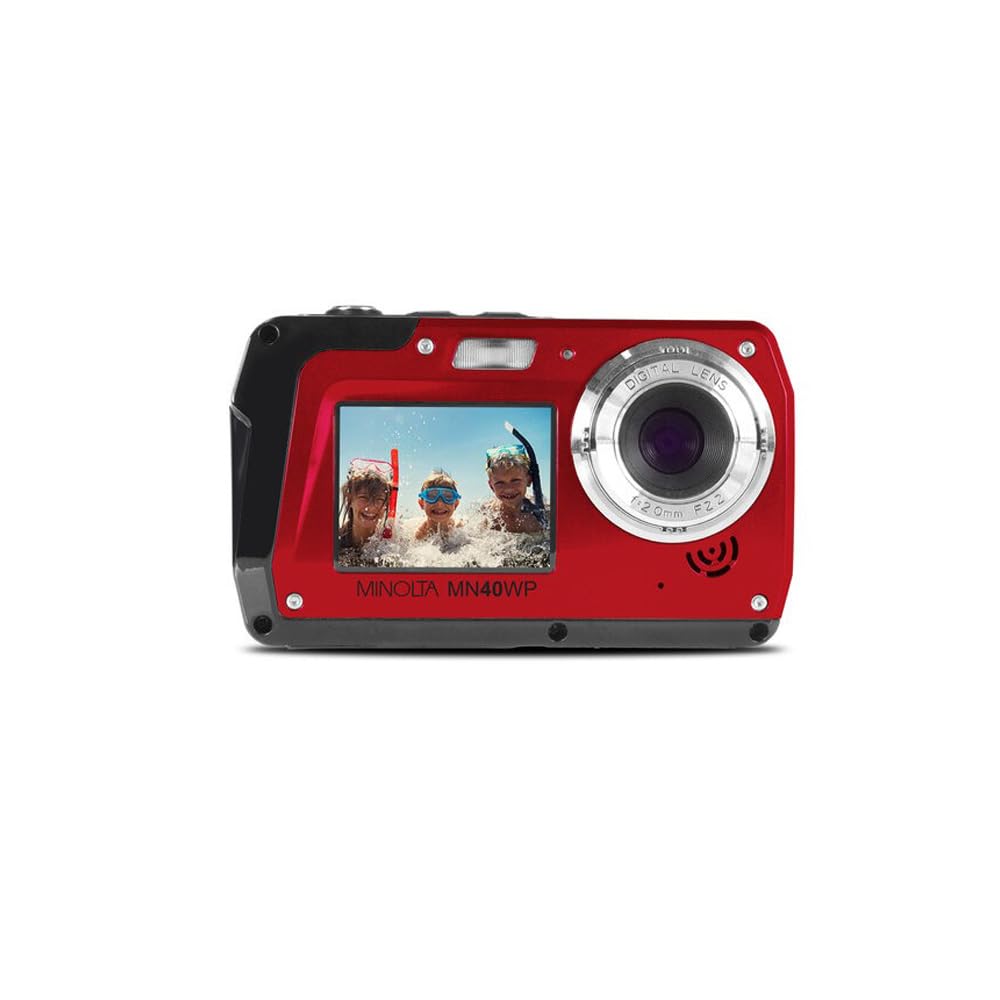 Minolta MN40WP 48MP Waterproof Digital Camera – Dual LCD Screens, 2.7K QHD Video, 16x Digital Zoom, Anti-Shake, Face Detection, 10ft Waterproof (Red)