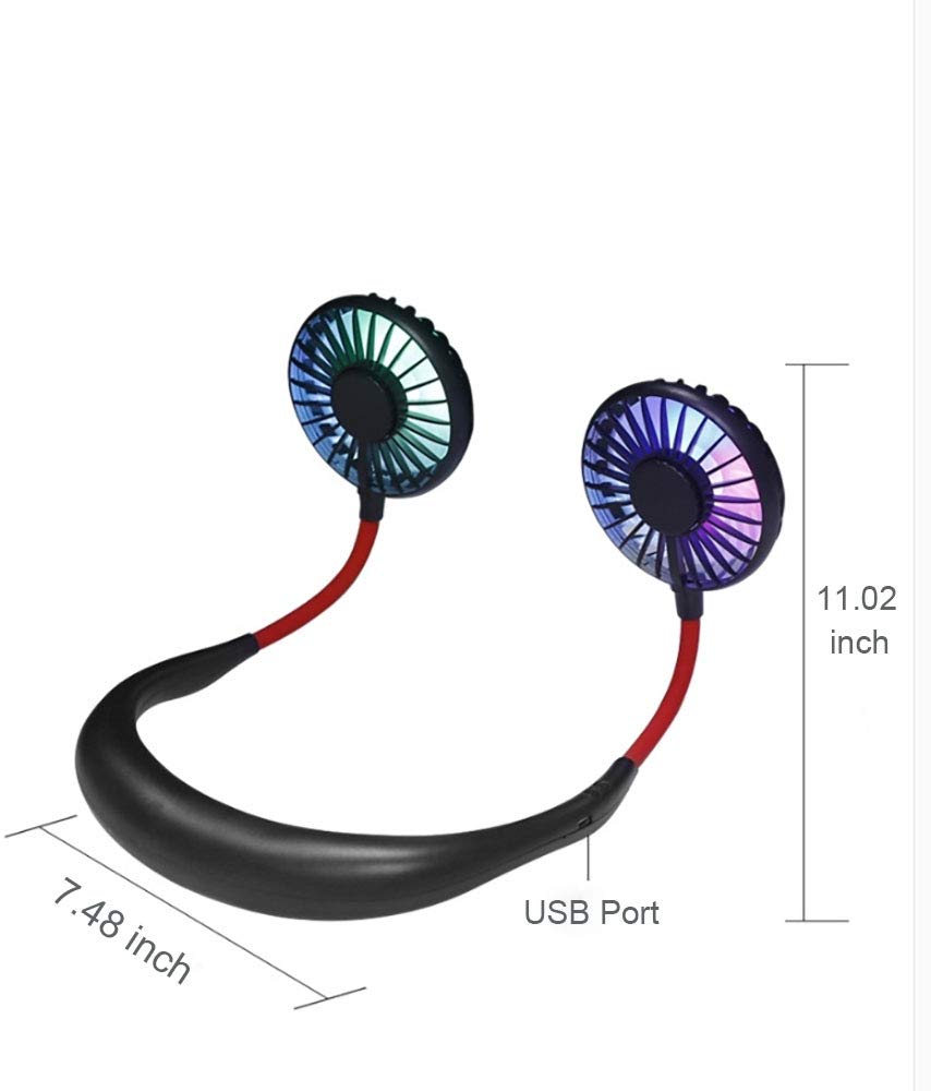 Sports Fan, Wisfun USB Portable Neck Hanging Fan, 7 Color LED Hand-Free USB Personal Fan, Portable Headband Fans with Dual 360 Degree Rotation Head for Outdoor Sport Camping Traveling Office (Black)