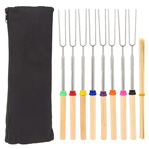 Set of 8 Marshmallow Roasting Sticks – 32-Inch Telescoping Stainless Steel Roasting Sticks – Roasting Forks for Smores, Hot Dogs, Includes Carrying Bag and 10 Bamboo Skewers