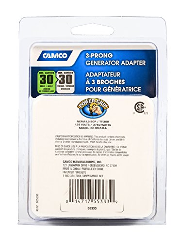 Camco Non-Slip Grip Three-Prong Generator Adapter, Designed For RV Generators- 30 AMP (55333)