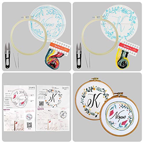 Hangnuo 2 Embroidery Starter Kit with Floral OK Nope Pattern for Beginners, Full Range Embroidery Cross Stitch with Embroidery Cloth, Bamboo Hoops, Threads, Needles, and Scissors