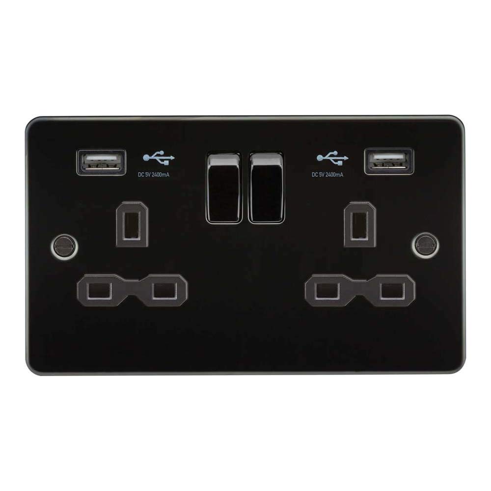 Knightsbridge FPR9224GM Flat Plate Switched Socket with 2.4 A Dual USB Charger, Gunmetal with Black Insert, 13 A, 2G