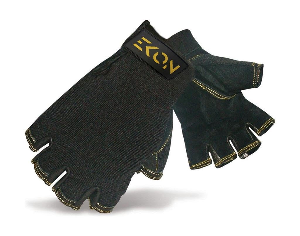 EKON Fingerless Working Gloves Half Finger Safety Gloves Tough Mechanic Gloves Durable Heavy Duty Performance Carpenter Palm Protective Gloves (Black, Large 1 Pair)