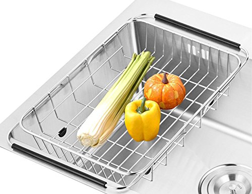 SANNO Dish Rack Over Sink, Adjustable Arms Holder Utensil Drainer Functional Drying Organizer for Vegetable and Fruit, Kitchen organizer Strainer Dish Drainer- rustproof stainless steel