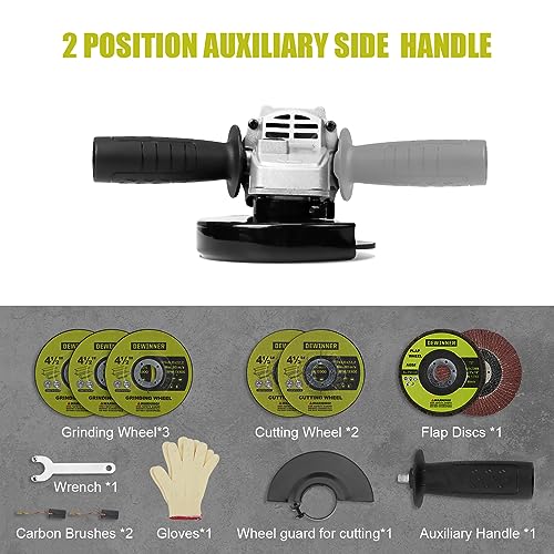 DEWINNER Angle Grinder tool 850W, 12000RPM Grinders Power Tools with Disc 115mm+ 6 Discs & Side Handle & Glove, Adjustable Pin, Cutting Grinding Polishing 220-240 V, Compact Design, Easy Storage