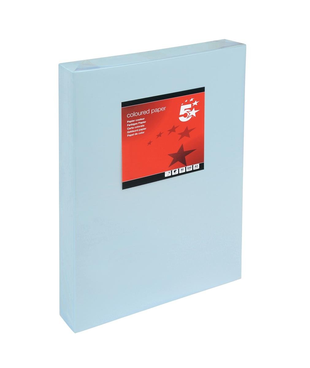 5 Star 936348 Coloured Copier Paper Multifunctional Ream-Wrapped 80gsm A3 Light Blue [500 Sheets]