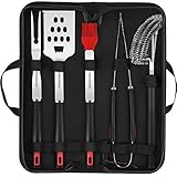 Homemaxs Grill Tools，BBQ Tools Set 5pcs with Case for Men, Stainless Steel Heavy Duty Barbecue Grilling Accessories Utensils Kit with Tong, Grill Cleaning Brush, Spatula, Fork, Basting Brush