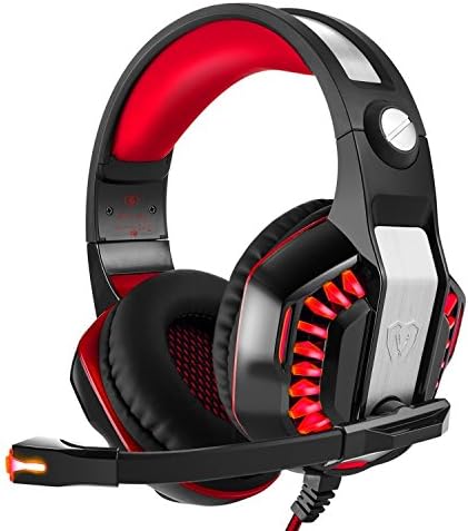 CASFANSTA 3.5mm Stereo Gaming LED Lighting Headset Over-Ear Headphone with Mic for PS4, Mac, PC Computer Game With Noise Cancelling &amp; Volume Control-Red