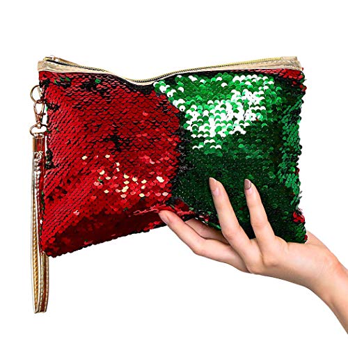 Brishow Envelope Type Travel Makeup Bag Portable Clutch Toiletry Bag Cosmetic Makeup Case Mermaid Sequins Organizer Bag with Zipper for Women and Girls (Red+Green) - Thumbnail 7