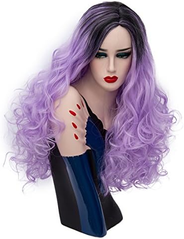 Alacos Fashion Long Curly Wigs Side Parting Two-Color Dyeing Black Root Ombre Cosplay Women's Wigs