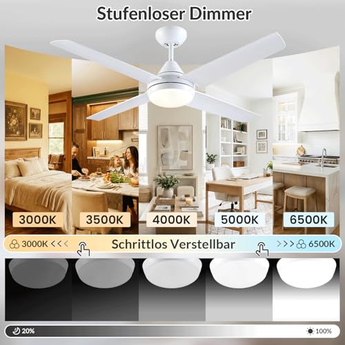 Newday Ceiling Fan with Lighting and Remote Control, Quiet, 122 cm Ceiling Fan with Light LED Lamp, White, Ceiling Fans with 4 Blades, Continuous Dimmer, Timer for Bedroom, Living Room