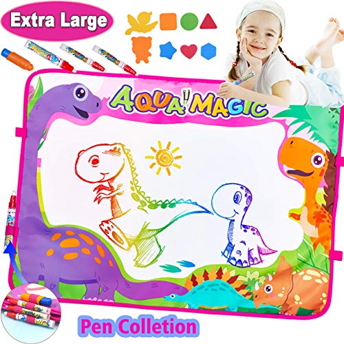 Water Drawing Mat Kids Toddler Art Toys,Large Aqua Magic Doodle Mats Dinosaur Painting Pad 6 Colors with 4 Pens 8 Molds,Drawing Board Tablet for Girls Boys Early Learner School Travel Birthday Gift