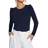 Ezbelle Women's Long Sleeve Ruffle Shirts Striped Rib Knit Blouse Slim Casual Office Trendy Fall Spring Tops 2026