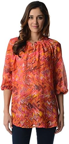 Christine V 3/4 Sleeve Printed Chiffon Button Top Medium Pink/Orange