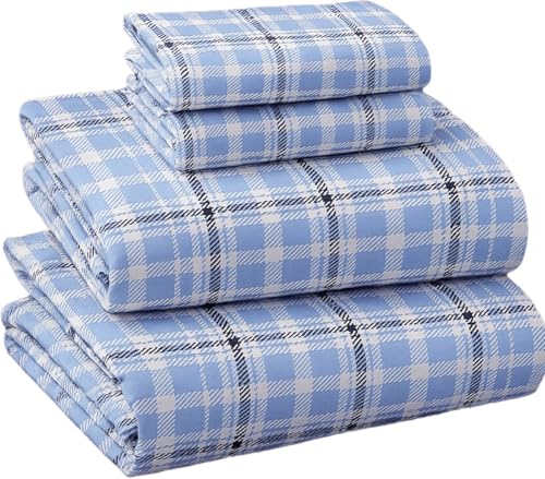 Briarwood Home® Printed Flannel Sheet Set, 100% Natural Cotton, Soft, Warm & Deep Pocket, Advanced Nano-Tech Making it Resistance to Pilling; Brushed 6 Times for Softness (Blue Plaid, Full)