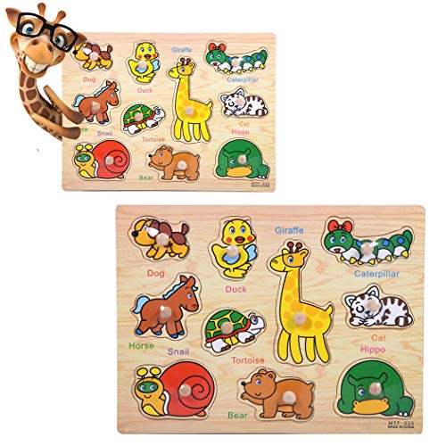 SIPLIV Wooden Pegged Puzzles Set Learning Puzzles Board for 2-5 Years Old Kids Preschool Early Education Toys and Games, 2 Pcs - Animals and Insects