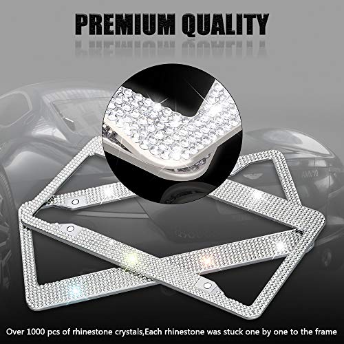 LEDKINGDOMUS Diamond License Plate Frame, 2PCS Rhinestone Stainless Steel Bling License Plate Cover with Anti-Theft Screw Caps(White) - Thumbnail 5