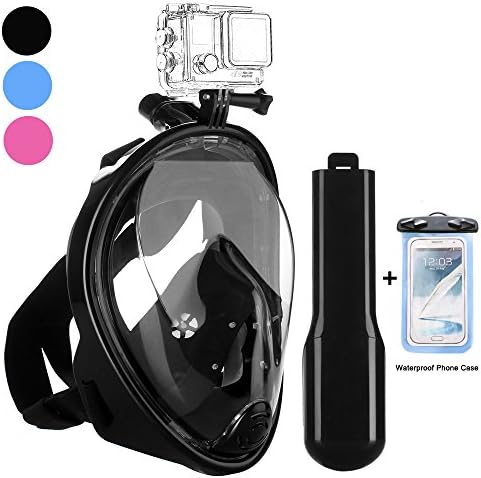 Snorkel Mask Full Face - 180° Ocean Panoramic Snorkeling Mask Breathe Freely with Anti Fog And Anti Leak Design for Men Women Adult Kids Surface Diving with Waterproof Phone Case (Black,S/M)