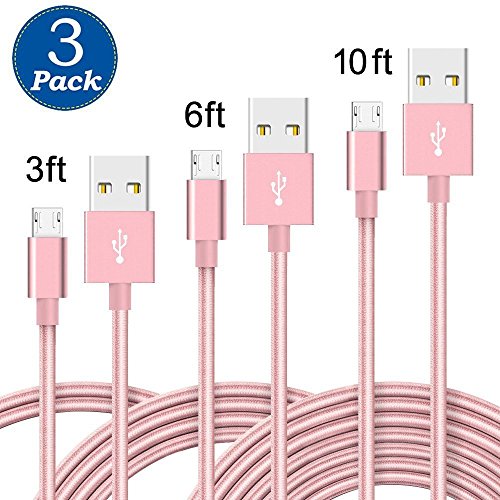 Micro USB Charging Cable,TOODAY Nylon Braided High Speed 2.0 USB to Micro USB Charging Cord Fast Charger Cable for Samsung Galaxy S7/S6/S5/Edge,Note 5/4/3,HTC,LG,Nexus and More (Pink 3ft 6ft 10ft)