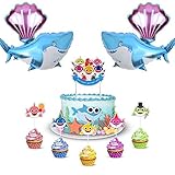 Baby Cute Shark Party Decorations Includes 1 Big Cake topper, 25 Cupcake toppers, 2 Shark Balloons and 2 Shell Balloons for Cake Decor, Baby Shower, 1st Birthday Decoration