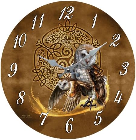 Brown Snow Owl Celtic 13.5" Wall Clock Round Plate By Brigid Ashwood