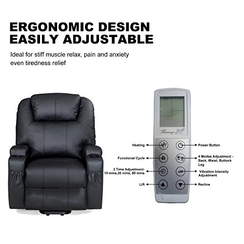 Power Lift Recliner Sofa Chair with Massage and Heating, Luxurious Bonded Leather Lounge Living Room Chair, Black