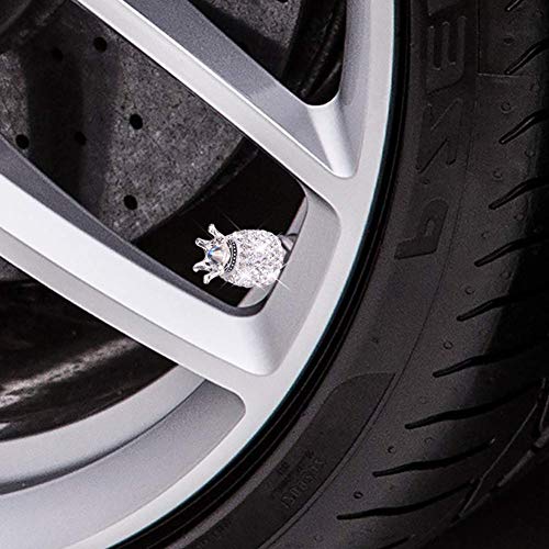 Valve Stem Caps, 4 Pack Handmade Crystal Rhinestone Universal Car Tire Valve Caps Chrome,Attractive Dustproof Bling Car Accessories - White Diamond Crown - Thumbnail 4