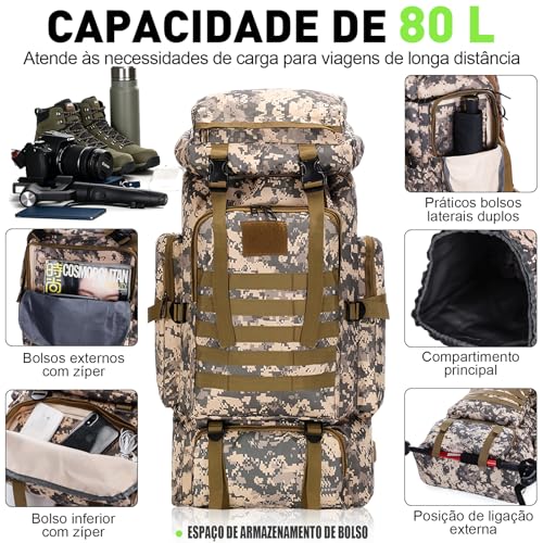 Mochila de Viagem 80L Impermeável para Camping e Trilha, Mochila Esportiva Grande Multifuncional com Compartimentos Amplos, Alças Confortáveis e Suporte para Equipamentos Outdoor, Camuflado