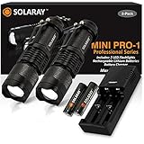 SOLARAY Small Handheld LED Flashlights – Mini Pro Series Kit – Super Bright 300 Lumens – 3 Light Modes, Adjustable Focus, Outdoor Water Resistant – Rechargeable Battery and Charger Included