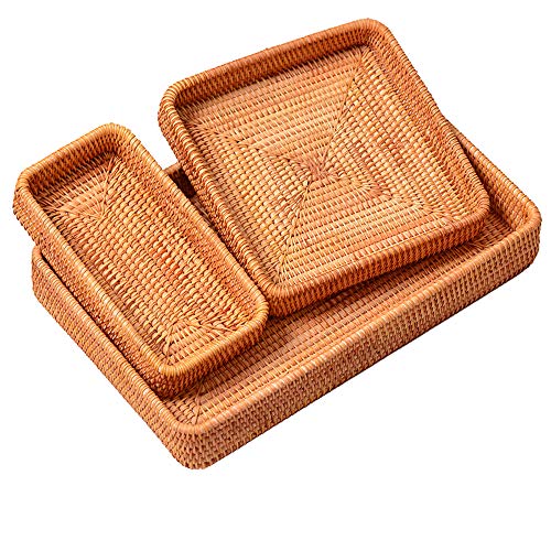 Set of 3 Handmade Rattan Rectangle Serving Tray Wicker Serving